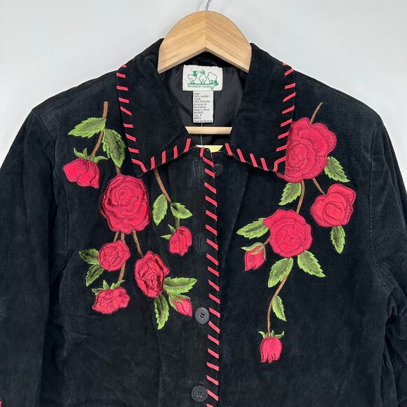 Vintage 90's Suede Jacket Embroidered Floral Rose Western Leather Jacket - Picture 2 of 11